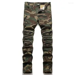 Jeans pour hommes hommes camouflage imprimé patchwork biker hommes slim pantalon droit armée vert poche denim pantalon pantalon homme