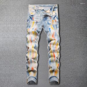 Herenjeans Heren Kleur Verfspuiten Gedrukt Amerika Streetwear Slanke potloodbroek Rits Stretch denimbroek Fit