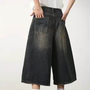 Jeans masculin Men Hommes cultivés d'été Couleur large jambe avec bouton de fermeture à glissière de fermeture moyenne de la hauteur pour le streetwear