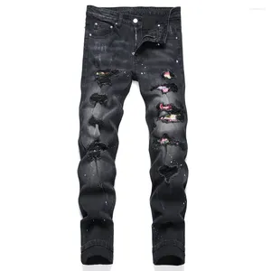 Herenjeans Heren Kristal Zwart Denim Meerkleurige patches Patchwork Stretchbroek Gaten Gescheurde slanke taps toelopende broek