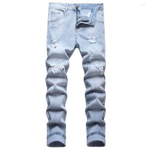 Jeans para hombres Men Crystal Denim Pantalones estiramientos azul claro agujeros rasgados de pantalones rectos delgados