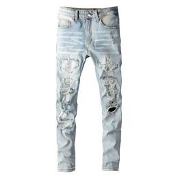 Jeans pour hommes Hommes Crystal Holes Ripped Patchwork Jeans Streetwear Light Blue Denim Slim Skinny Crayon Pantalon Pantalon T221102