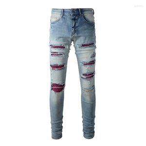 Heren jeans heren kristal patch denim streetwear gaten scheurden stretchbroek magere taps toelopende lichtblauwe broek