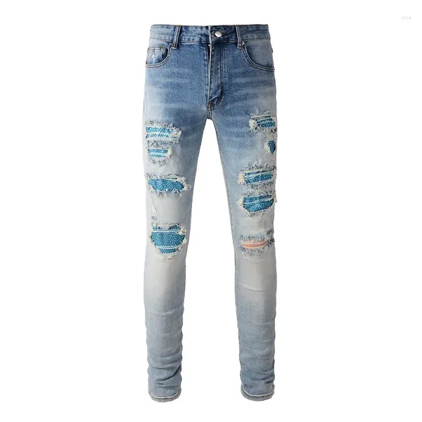 Jeans pour hommes Hommes Crystal Patch Denim Streetwear Bleu Patchwork Stretch Pantalon Ripped Distressed Skinny Pantalon effilé