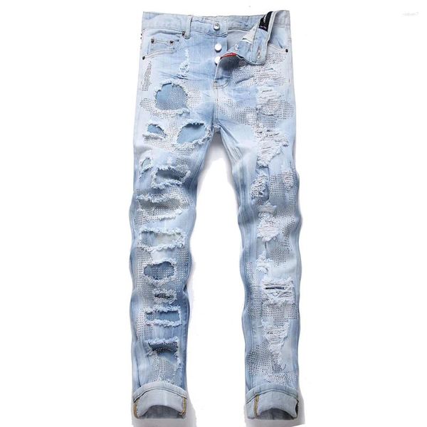 Jeans pour hommes Hommes Crystal Patchs Ripped Distressed Light Blue Stretch Denim Pantalon Bouton Slim Pantalon effilé