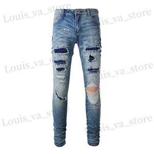 Jeans masculins hommes cristal stretch denim jeans strtwear peint patch skinny pantalon effilé trous de pantalon en détresse déchiré t240411