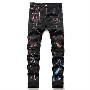 Jeans pour hommes Hommes Crystal Stretch Denim Jeans Streetwear Trous peints déchiré Pantalon en détresse Patchwork Slim Pantalon effilé T221102