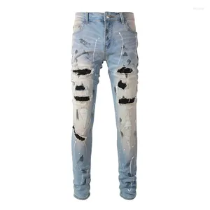 Jeans pour hommes Hommes Crystal Stretch Denim Streetwear Patches Patchwork Skinny Pantalon effilé Trous peints Pantalon en détresse déchiré