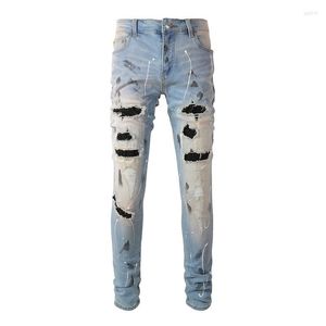 Jeans pour hommes hommes cristal Stretch Denim Streetwear patchs Patchwork pantalon fuselé maigre trous peints déchiré pantalon en détresse