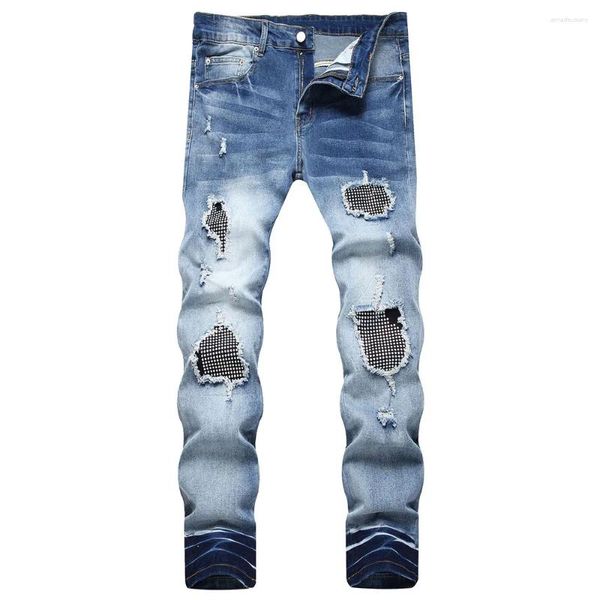 Jeans pour hommes Hommes Crystal Stretch Denim Streetwear Trous Ripped Patchwork Patchs Pantalon Bleu Slim Pantalon effilé