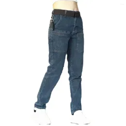 Jeans para hombres Pantalones de mezclilla Hombres estilo retro con múltiples bolsillos Cierre de la cremallera Cómoda cintura a mitad de la recta para casual