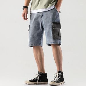 Heren jeans mannen denim shorts mooie streetwear elastische taille rijbroeken mannelijke grote zak casual half jean zomer vracht