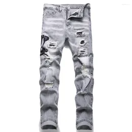 Heren jeans mannen ontwerper slang borduurwerk grijze denim streetwear gaten gescheurd stretch broek slanke rechte broek