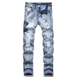 Jeans para hombres Hombres Diseñador Serpiente Bordado Agujeros Ripped Blue Stretch Denim Pantalones Slim Tapered Pantalones