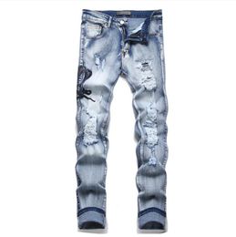 Jeans pour hommes Hommes Designer Snake Broderie Trous Ripped Blue Stretch Denim Brand Pantalon Slim Pantalon effilé