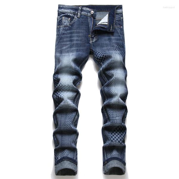 Pantalones vaqueros para hombre, pantalones vaqueros elásticos cónicos ajustados con estampado Digital para hombre, pantalones de algodón pintados a cuadros con cuadros geométricos, azul y negro