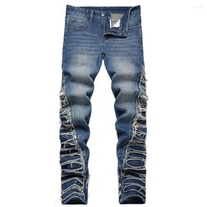 Heren jeans mannen verontrusten blauwe denim streetwear gescheurd patch non stretch broek slanke rechte broek