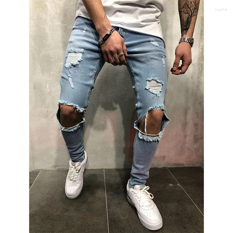Män jeans män orolig snö tvätt färg prick design blyerts byxor herr mode smala jean knä hål hip-hop denim streetwear byxor