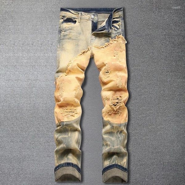 Jeans pour hommes Splice en détresse Hip Hop America Ripped Jean Colored Split Hole Straight Barrel Micro Elastic Pant Slim