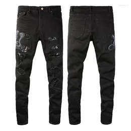 Herenjeans Heren Geborduurde Cobra-gaten Gepatchte Skinny Ripped Zwarte Stretch Slim Fit High Street Scratch-denimbroek