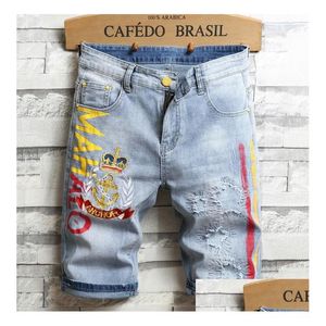 Jeans pour hommes Hommes Broderie Bleu Denim Shorts Summer Designer Mens Badge Patckwork Blanchi Rétro Grande Taille Lettres Pantalon Court Trou Dhbna