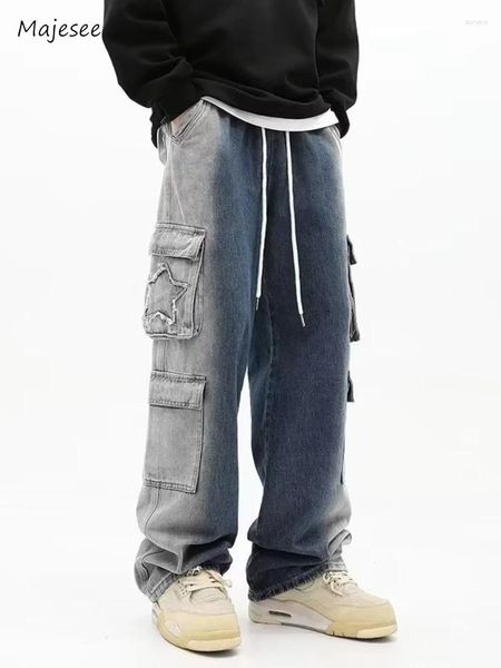 Jeans pour hommes Hommes Style européen Streetwear Lavé en détresse Multi Poches Denim Pantalon All-Match Étoile à cinq points Pleine longueur Automne
