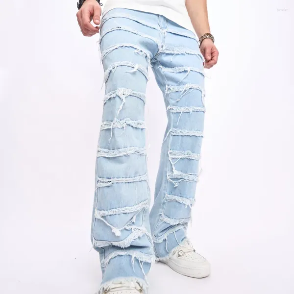 Jeans para hombres Hombres Moda Biker Parche Empalme Pantalones rectos delgados Streetwear Masculino Pantalones de mezclilla de motocicleta angustiados