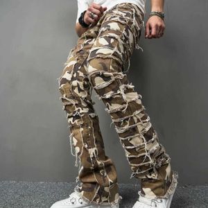 Jeans masculins masculin camouflage camouflage empilé pantalon de jean mince épissé de bonne qualité pantalon de jean décontracté hétéro y240507