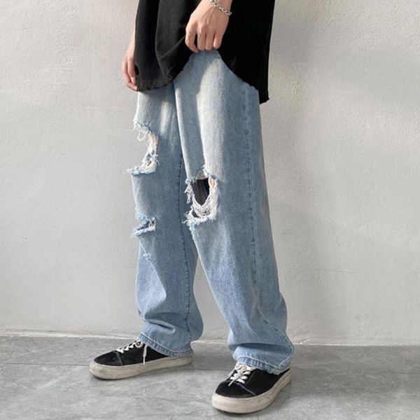 Jeans para hombres Hombres Moda Casual Ripped Street Elástico Cintura Deporte Pantalones Harajuku Estilo Suelto Unisex Pantalones de chándal Pantalones