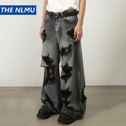 Męskie dżinsy moda męska zgrywanie w trudnej sytuacji Harajuku Streetwear hip-hopowe workowate szare czarne luźne proste spodnie dżinsowe