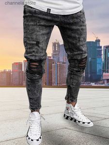 Heren Jeans Heren Mode Slanke Knie Gescheurde Jeans Mannelijke Skinny Jogging Jean Vintage Gewassen Hip Hop Zwarte Heren Denim Broek Casual T240205