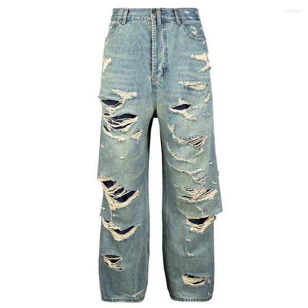 Jeans pour hommes hommes mode Streetwear Y2K en détresse Double couche Baggy Denim pantalon Harajuku bleu Hip Hop déchiré