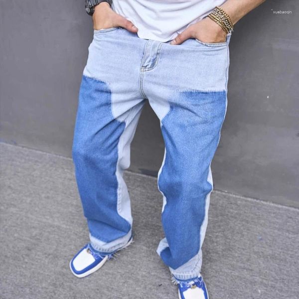 Jeans para hombres Hombres Moda Diseño lavado Color de contrato Pantalones de mezclilla 2024 Streetwear Hombre Mediados de cintura Bolsillos sueltos Pantalones largos de mezclilla