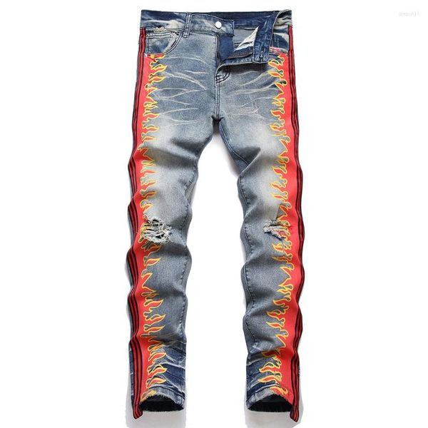 Jeans pour hommes Hommes Flame Side Stripe Painted Slim Straight Stretch Denim Pants Vintage Retro Blue Holes Ripped Distressed Print Pantalon