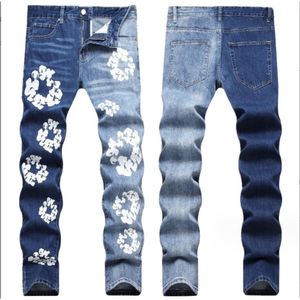 Jeans pour hommes hommes fleuris imprimables de mode Couleur de contraste épissé pantalon denim extensible peint pantalon raide mince bleu noir