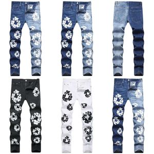 Jeans pour hommes Hommes Fleur Imprimer Mode Contraste Couleur Spliced Stretch Denim Pantalon Peint Slim Pantalon Droit Bleu Noir Blanc 624