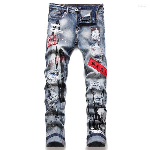 Pantalones vaqueros para hombre, pantalones de pintura con adornos microelásticos Retro de tela pegada con agujeros, ropa de motocicleta, pantalones rasgados