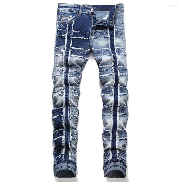 Jeans pour hommes Hommes Fringe Stretch Denim Streetwear Patchwork Ripped Blue Pants Slim Tapered Pants