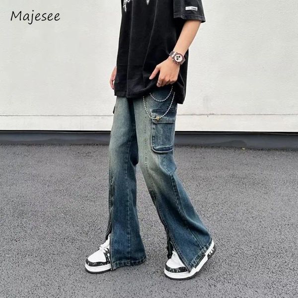 Jeans masculin Men Front-Zipper Pockets Summer Européen Style Harajuku Vintage Lavé Denim Pantalons High Street Basic College Hip Hop