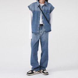 Heren jeans heren gradiënt denim vest sets streetwear mode hip hop losse mouwloze jasbroek mannelijke vest broek.