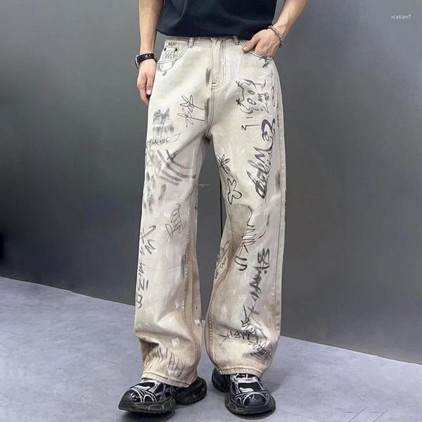 Pantalones vaqueros para hombres Hombres Graffiti Impresión Streetwear Moda Hip Hop Suelto Casual Pierna ancha Denim Baggy Pantalones Hombre Pantalones rectos