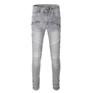 Hommes Jeans Hommes Gris Biker Streetwear Plissé Patch Patchwork Stretch Denim Pantalon Mince Maigre Conique Crayon Pantalon 230131