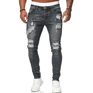 Jeans pour hommes Hommes High Street Élégant Ripped Skinny Crayon Pantalon Solide Couleur Slim Trous Simple Hip Hop Denim