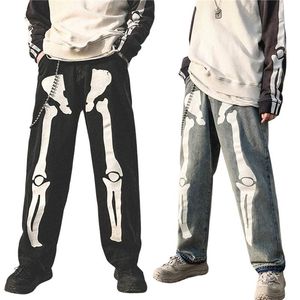 Hommes taille haute Y2k squelette imprimé jean Baggy jambe large Denim pantalon Goth Harajuku pantalon droit Jogging pantalon de survêtement Streetwear