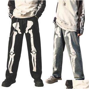 Heren jeans mannen hoge taille y2k skelet print baggy brede been denim broek goth Harajuku rechte broek joggen jogging zweetwegen streetwe dhdyo