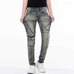 Hommes Jeans Hommes Hip Hop Biker Patchwork Genou Poches Moto Denim Pantalon Pour Homme Droit Strech Fit