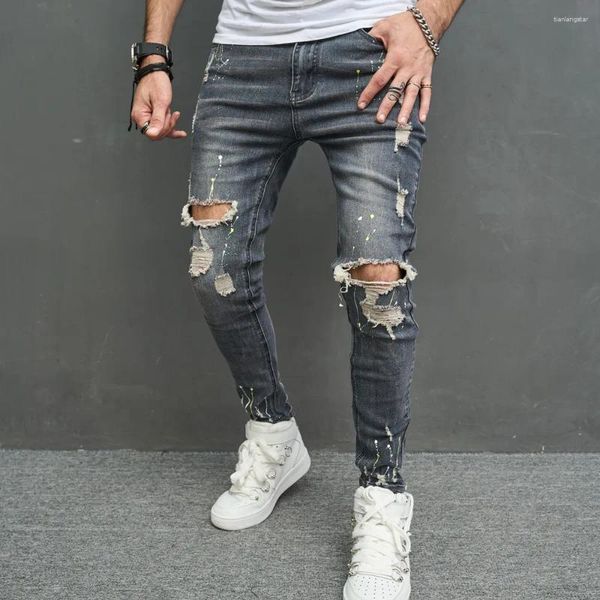 Jeans para hombres Hombres Hip Hop Speckle Ink Impreso Ripped Distressed Flaco Lápiz Agujeros con estilo Agujeros masculinos Pantalones de mezclilla elásticos para pantalones