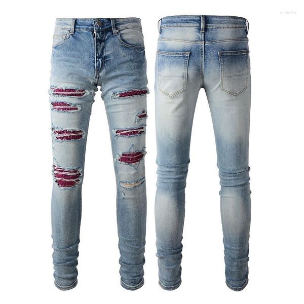 Jeans para hombres Hombres Agujero rasgado Pantalones flacos con diamantes de imitación bordados parcheados destruidos pantalones de mezclilla delgados Calidad Hip Hop Mendigo