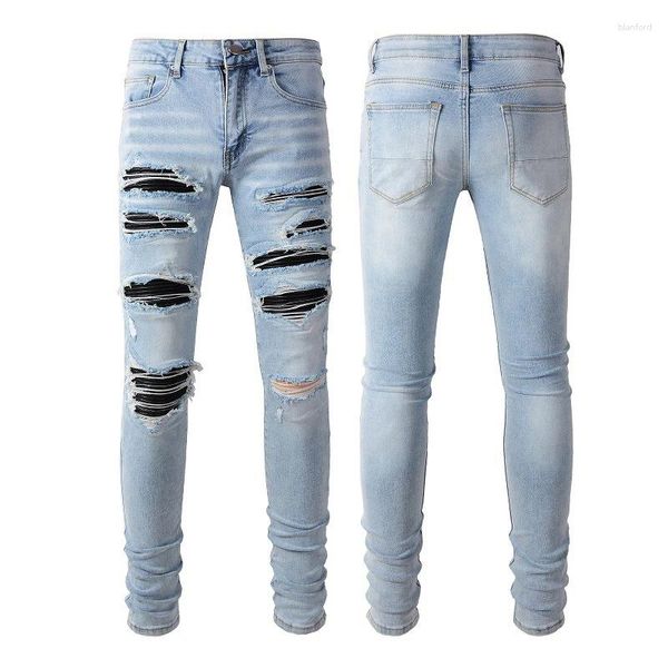 Jeans para hombres Hombres Agujero rasgado Flaco Parcheado Biker Pantalones Destruidos Slim Fit Denim Pantalones de alta calidad Hip Hop Blue Beggar Drop
