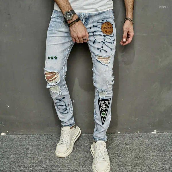 Jeans para hombres Hombres Agujero rasgado Estiramiento Flaco Denim Bordado Pantalones Moda Calle Hip-Hop Estilo Slim Fit Pantalones Alta Calidad